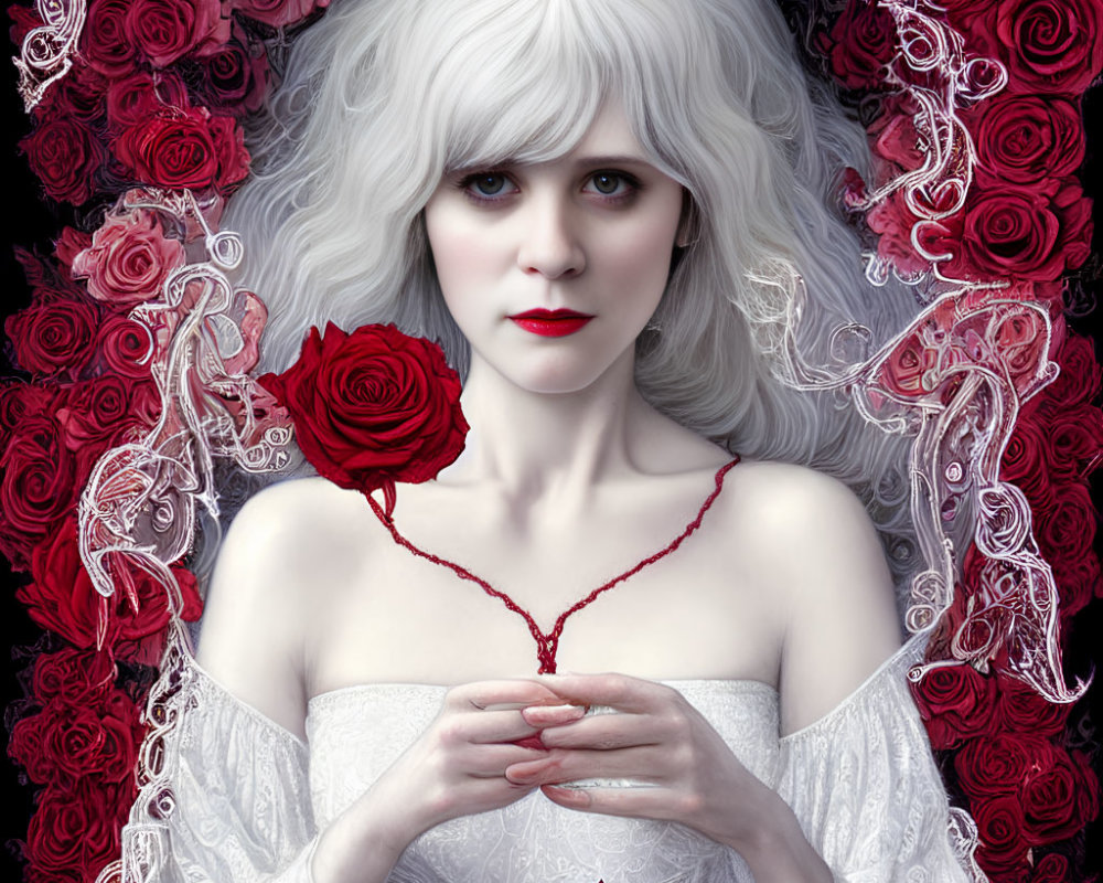 Pale Woman in White Hair and Lace Dress Surrounded by Red Roses