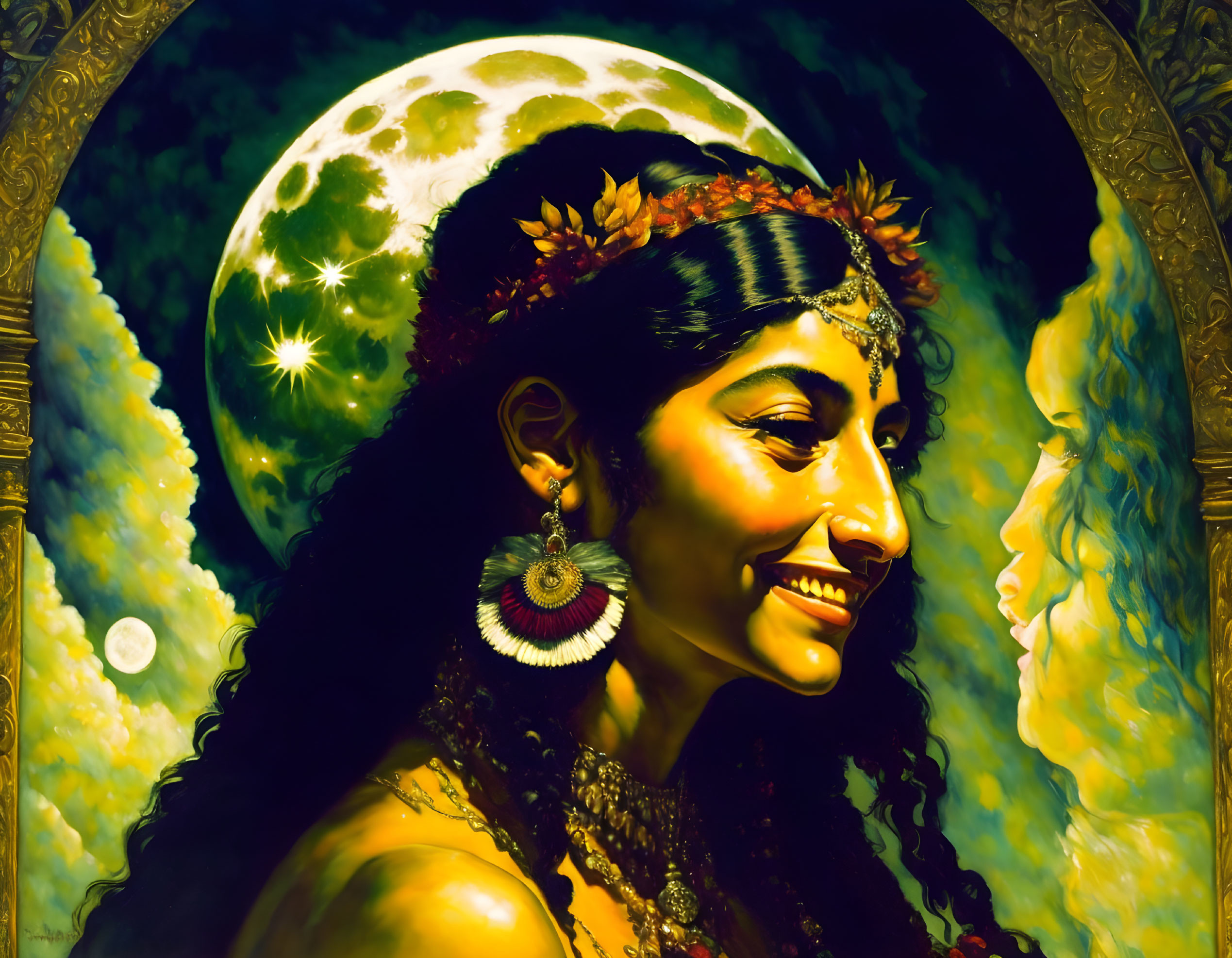 Woman with floral headpiece smiles under full moon against night sky.