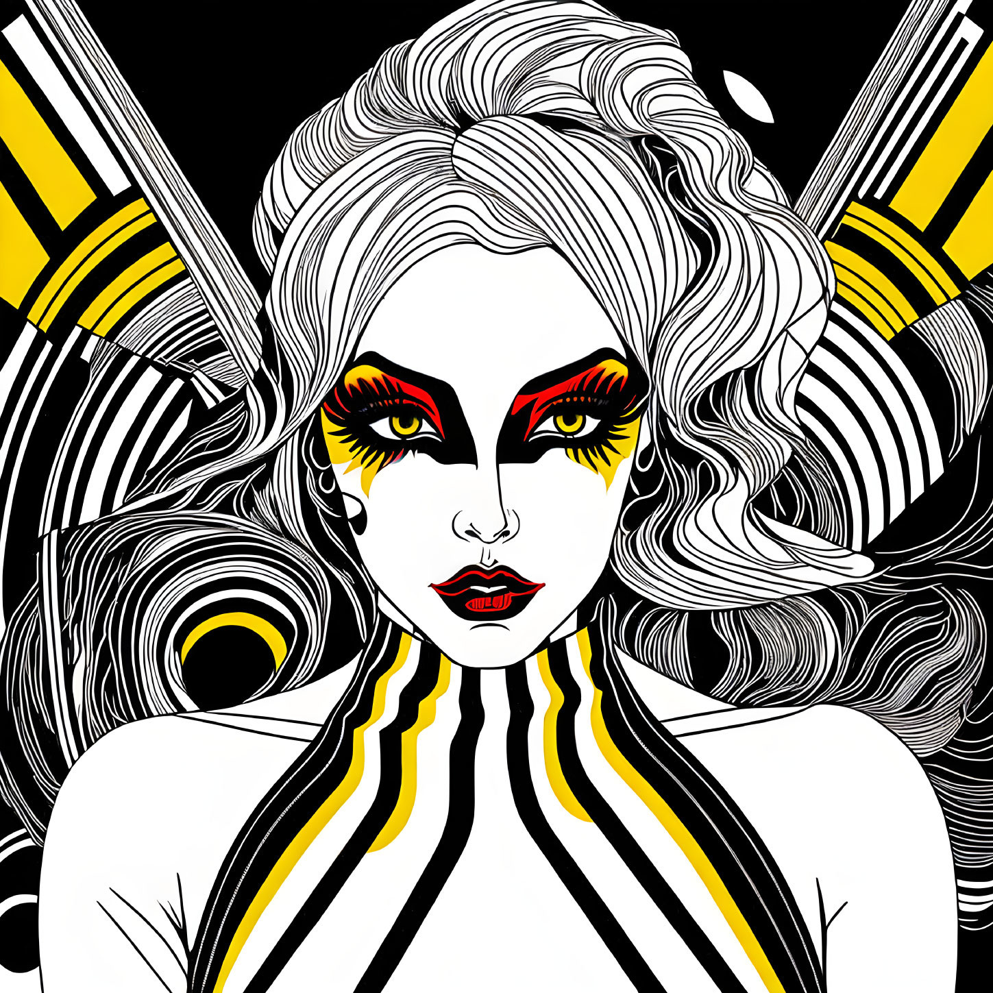 Monochrome woman with yellow and red makeup in bold graphic setting