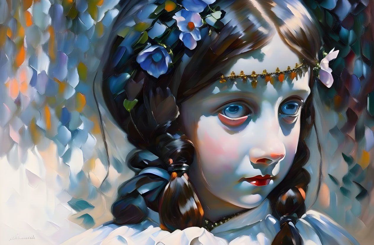 Young girl with braids and floral crown in a vivid painting