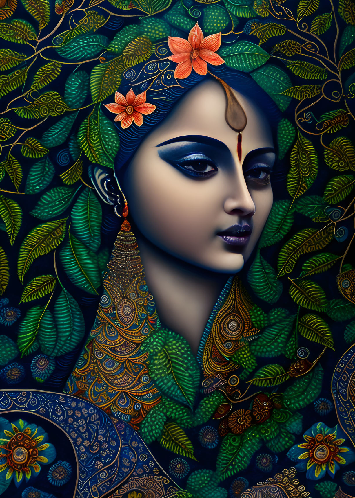 Stylized digital artwork of blue-skinned woman in lush green foliage