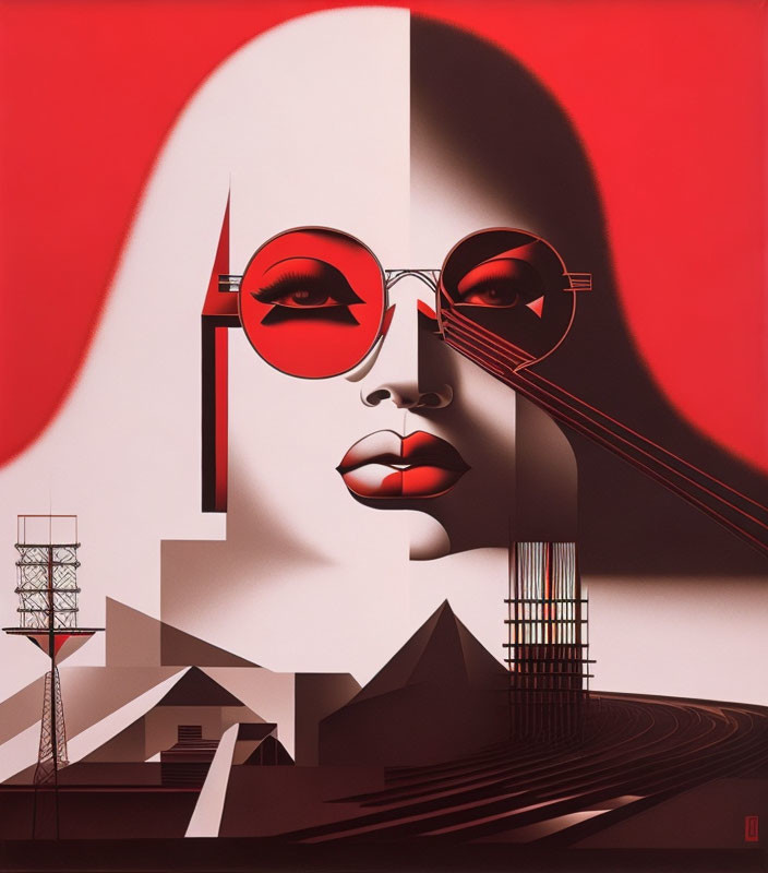 Abstract Female Face with Red Sunglasses on Geometric Background