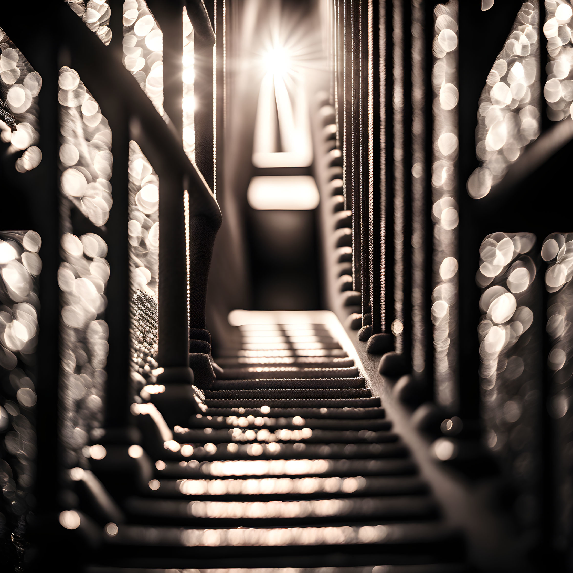 Close-up photo of lit staircase banister with bokeh lights, creating dreamy ambiance