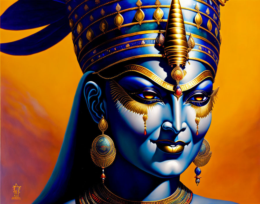 Colorful Indian figure with blue skin and traditional adornments on orange background