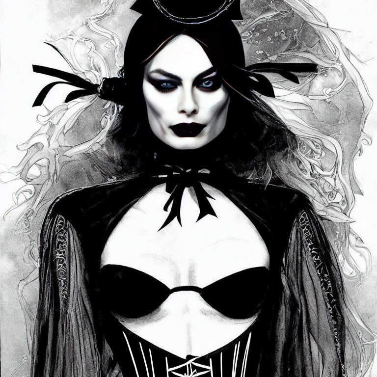 Monochrome gothic figure with dark makeup and ornate headpiece