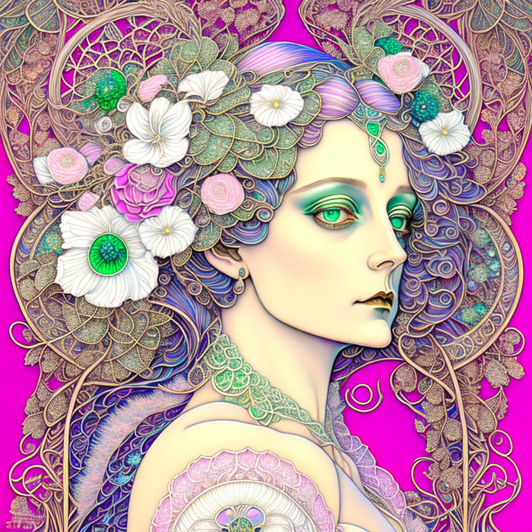 Colorful illustration of woman with purple skin and green eyes in intricate floral patterns.