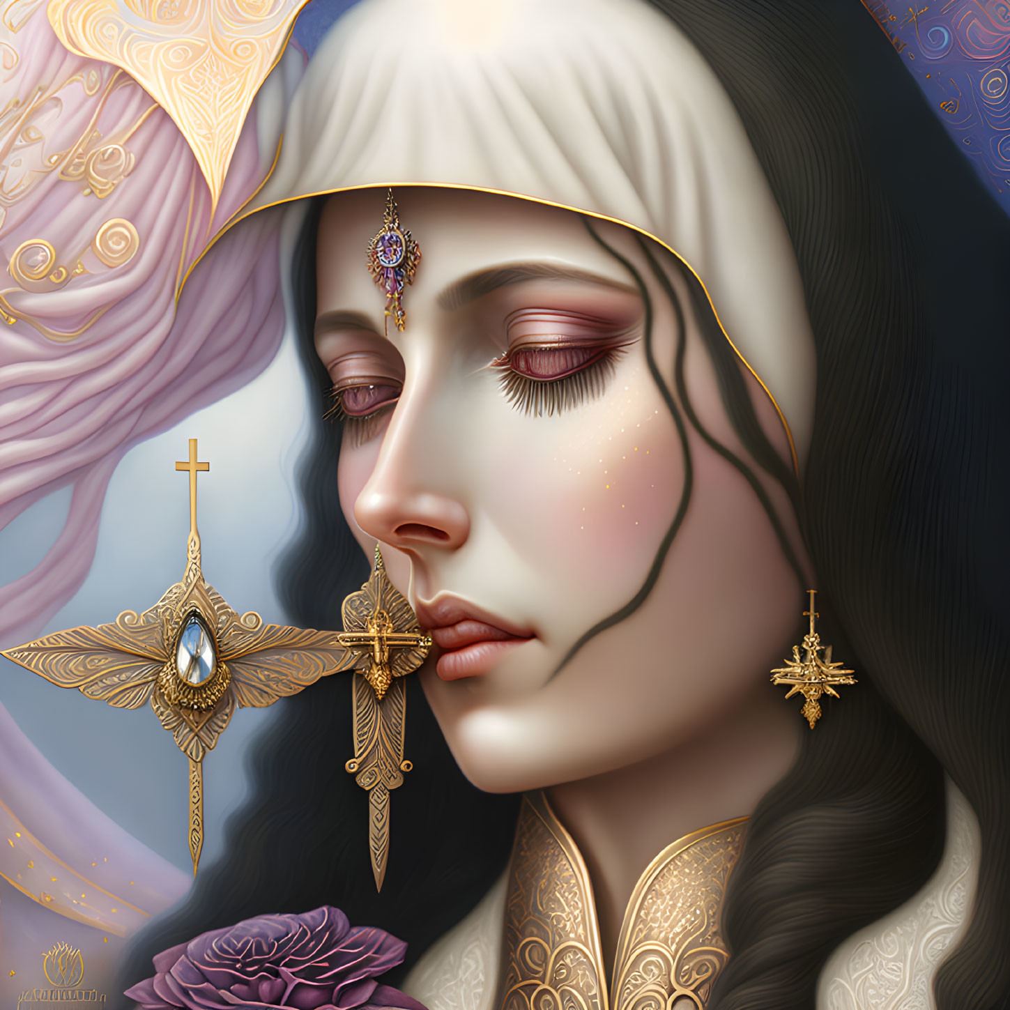 Digital painting of a woman with ornate jewelry and cross pendant in serene setting