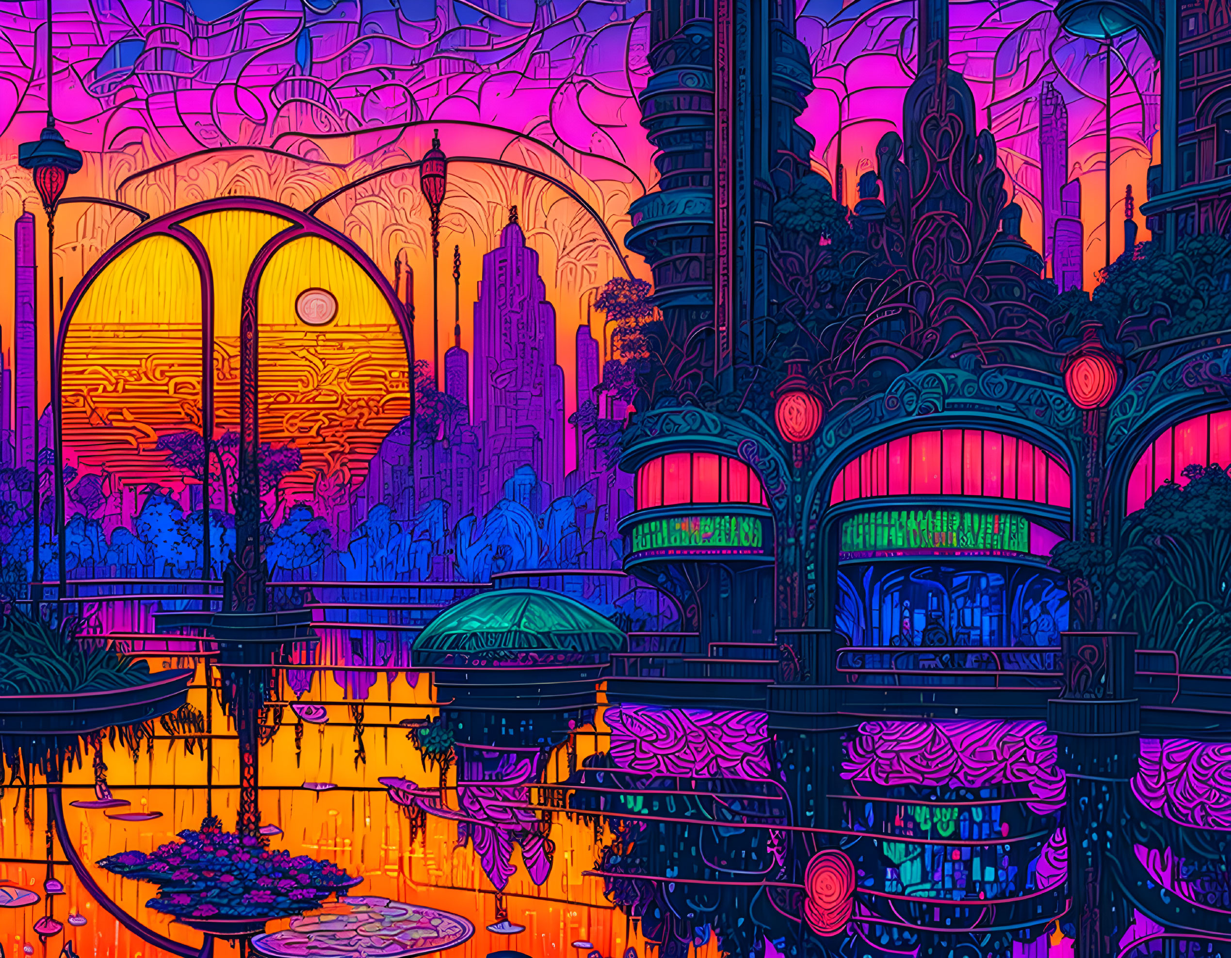 Futuristic neon cityscape with Art Nouveau twist and radiant sunset