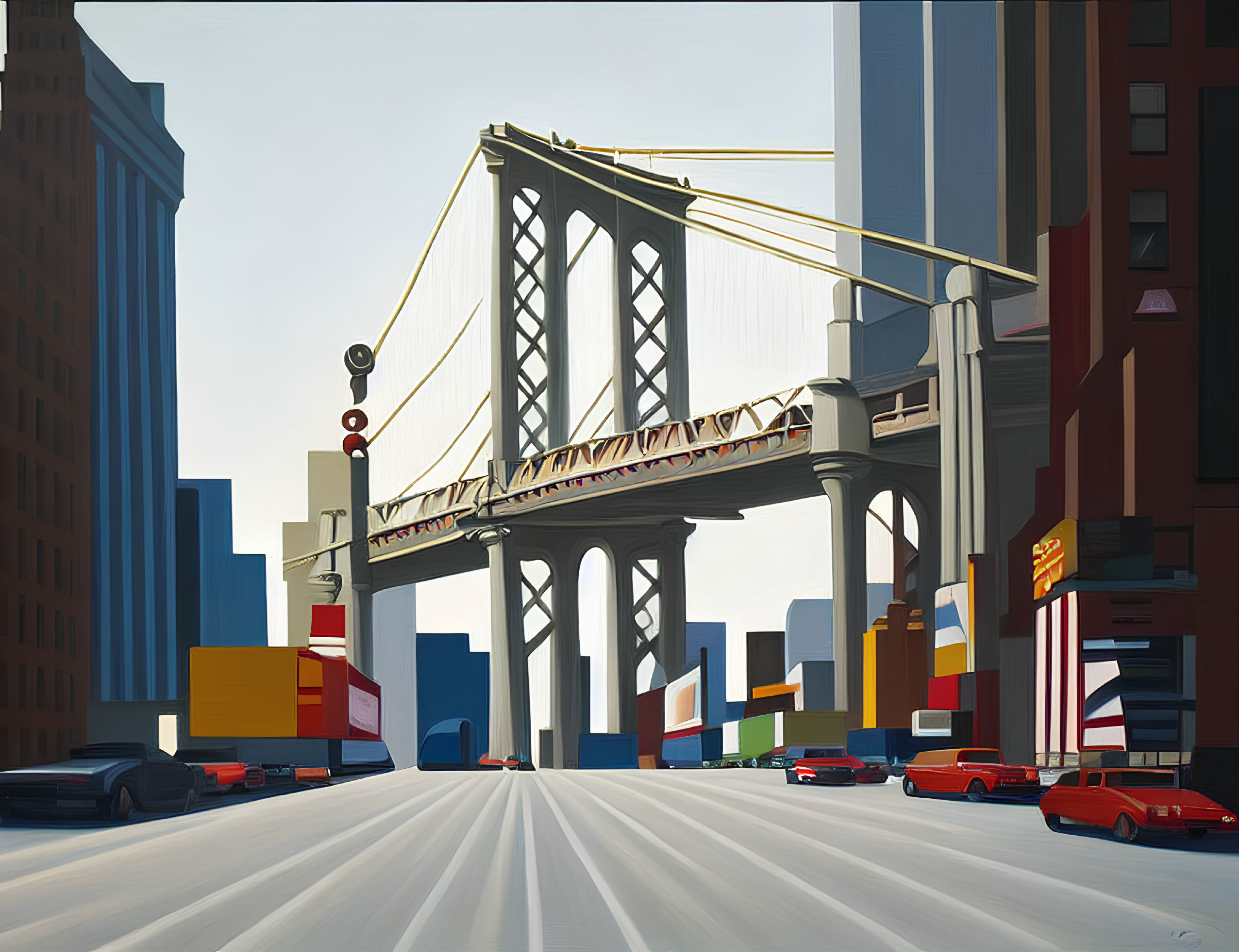 Cityscape with Suspension Bridge, Geometric Buildings, and Colorful Cars