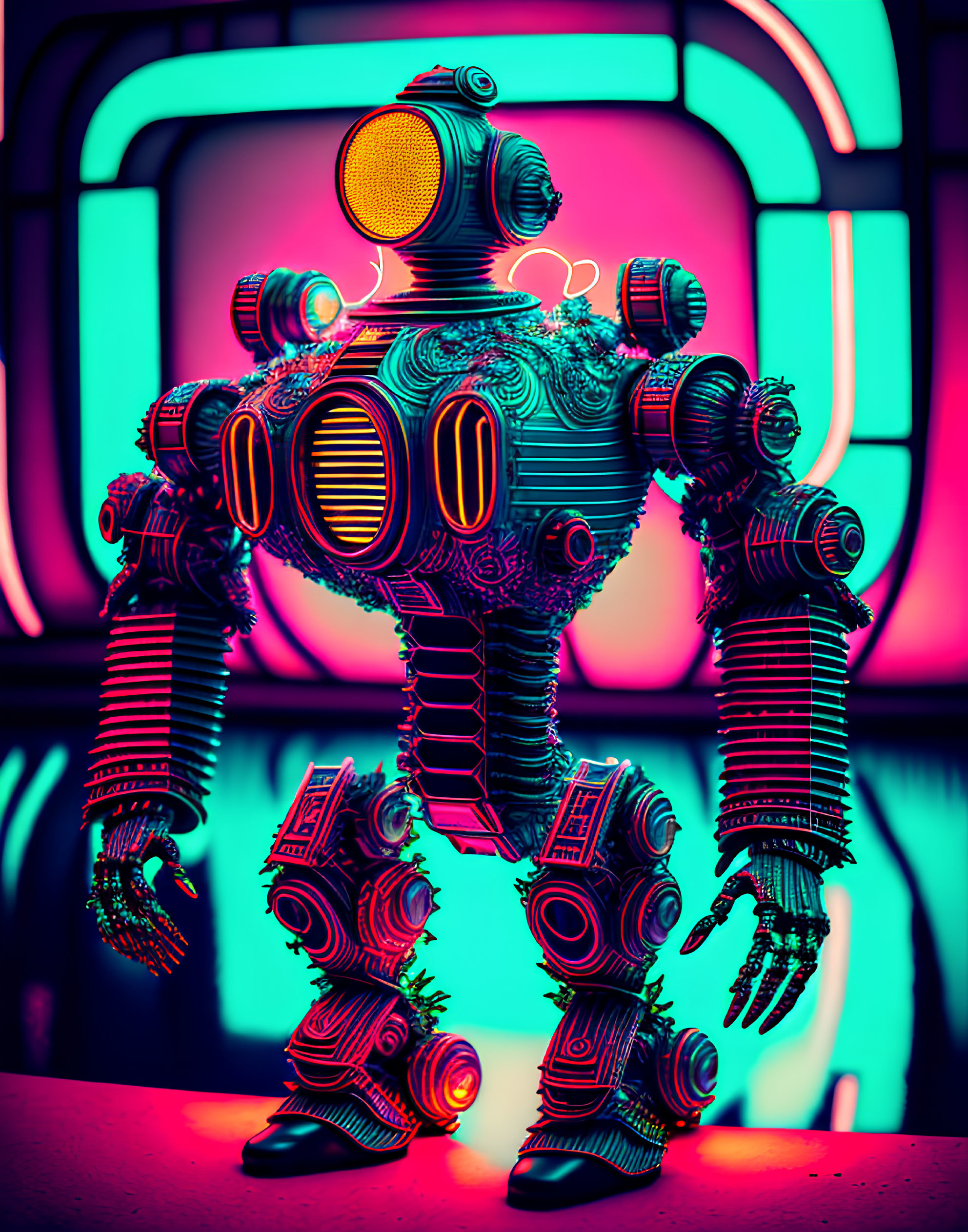 Detailed futuristic robot against neon-lit backdrop in orange and teal