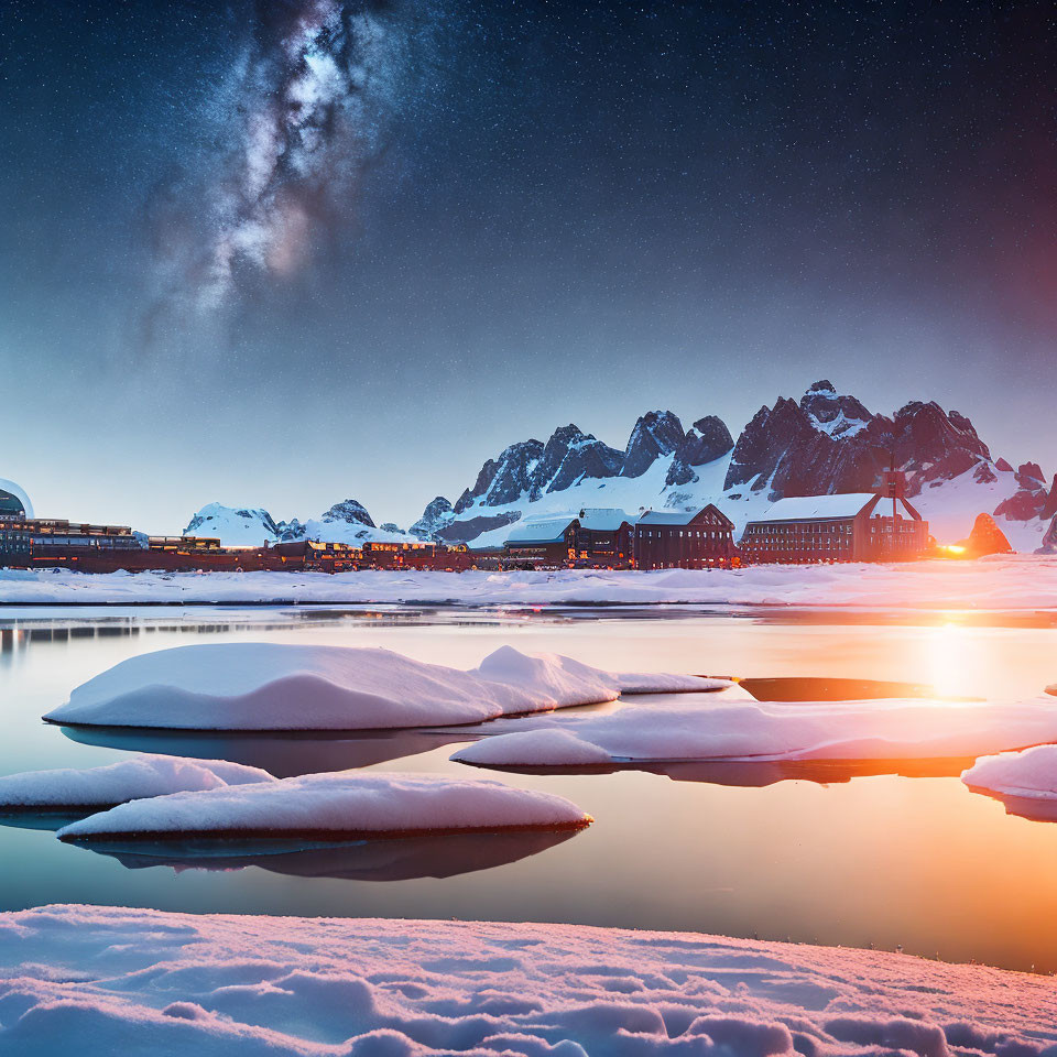 Snowy Twilight Landscape with Starry Sky and Frozen Lake