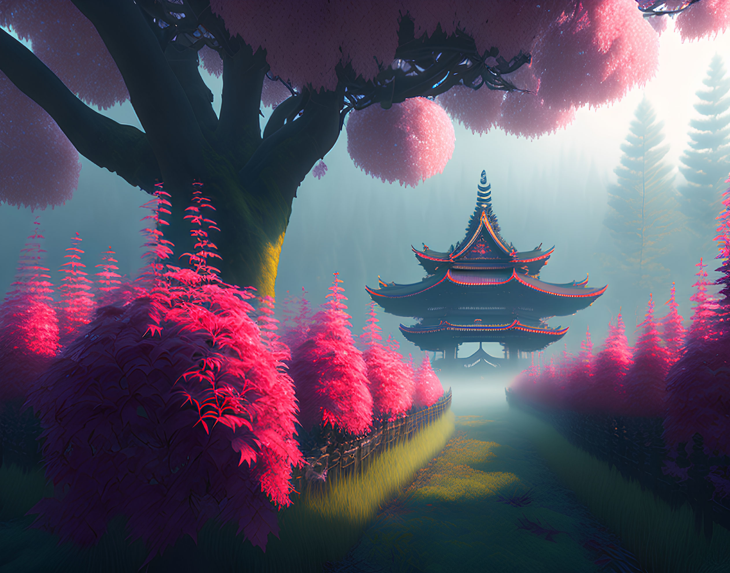 Traditional pagoda in mystical foggy fantasy scene with vibrant pink foliage