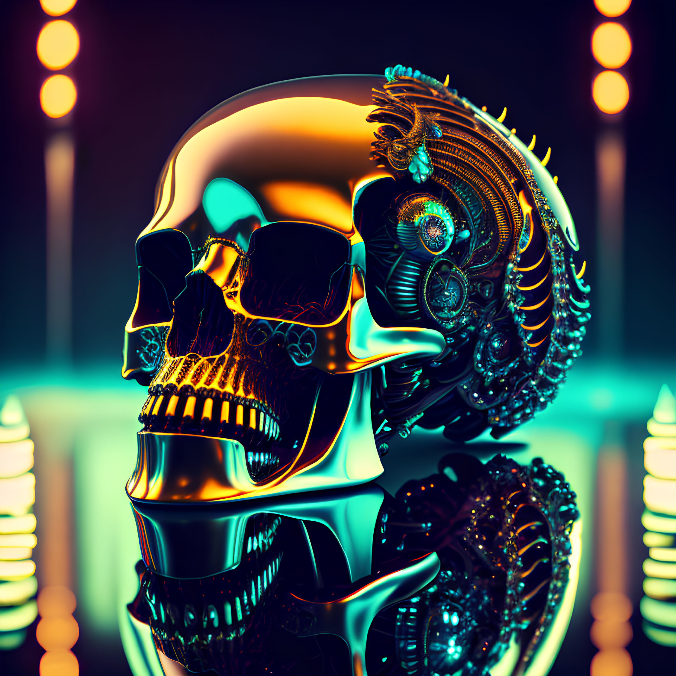 Metallic skull with cybernetic enhancements and glowing elements in futuristic setting.