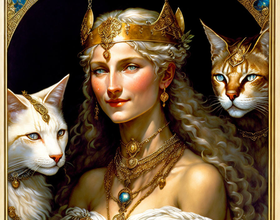 Elegant woman with crown and majestic cats in royal jewelry on dark backdrop