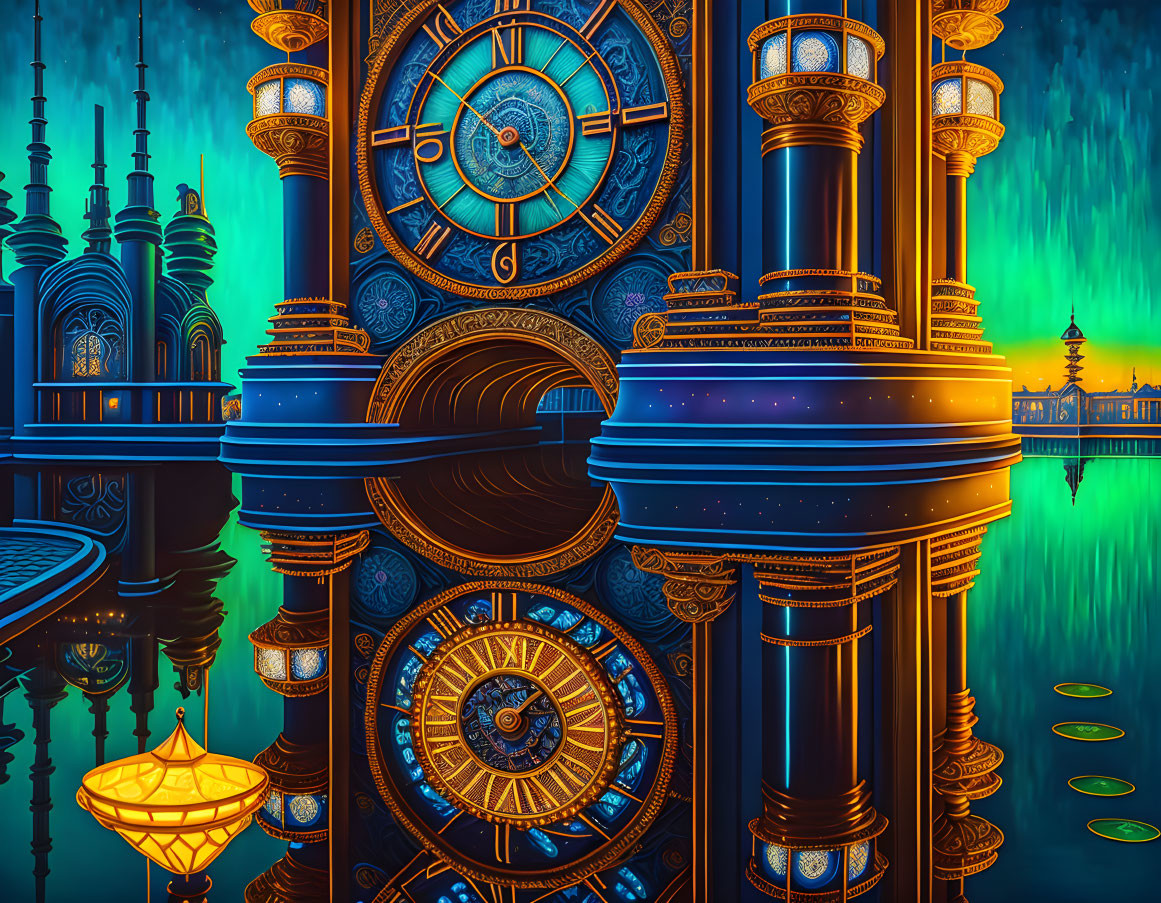 Fantastical scene with ornate clock towers in blue and gold.