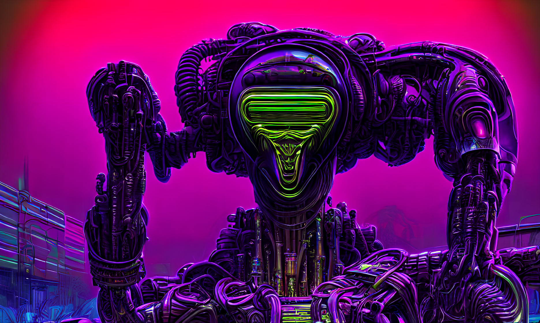 Detailed futuristic robotic figure with neon green and pink lights on dark background