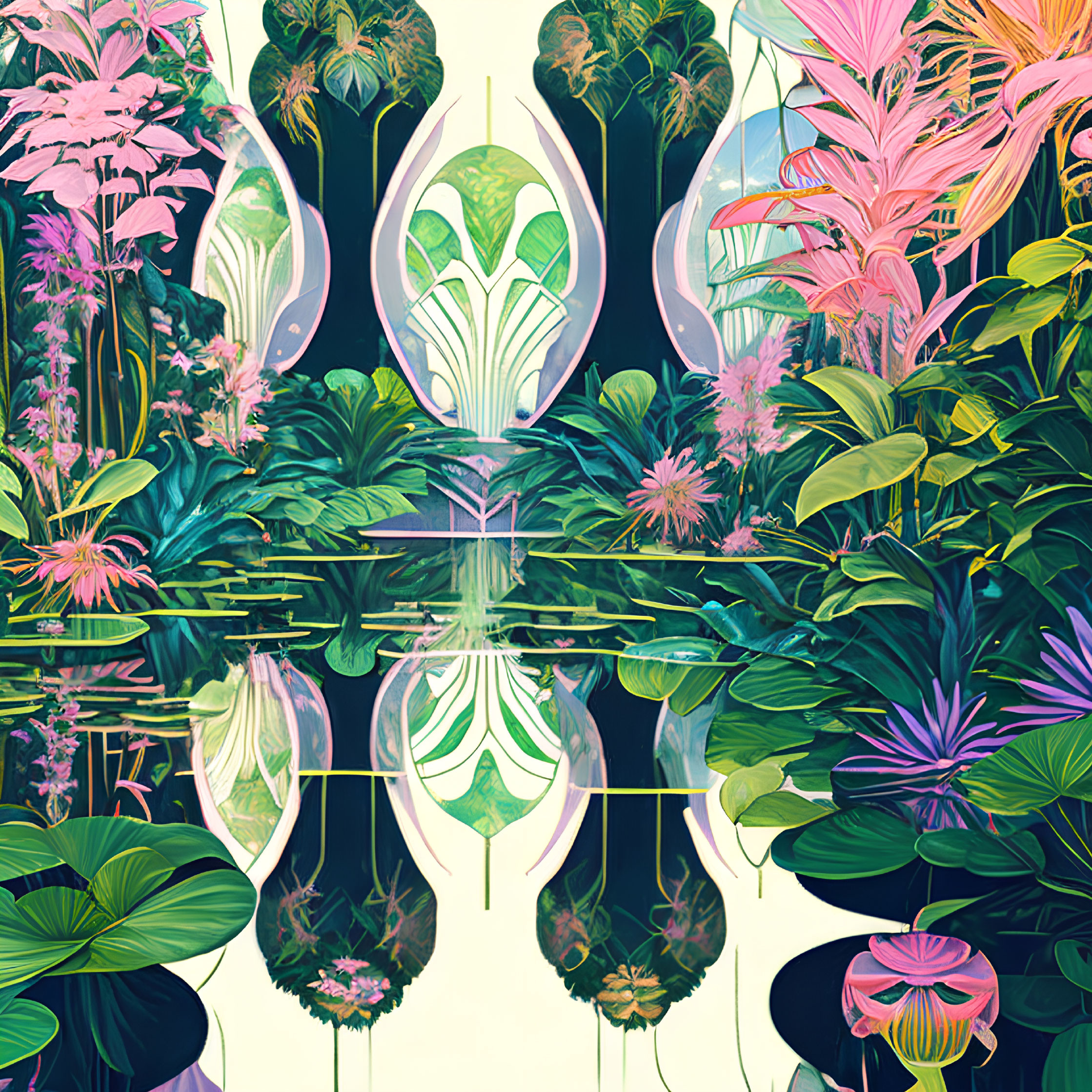 Symmetrical Tropical Foliage Illustration with Pink and Green Reflection