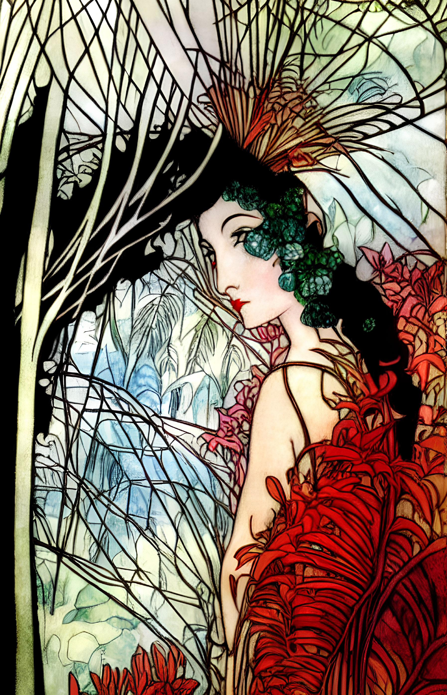 Art Nouveau Style Illustration of Woman with Foliage & Flowers