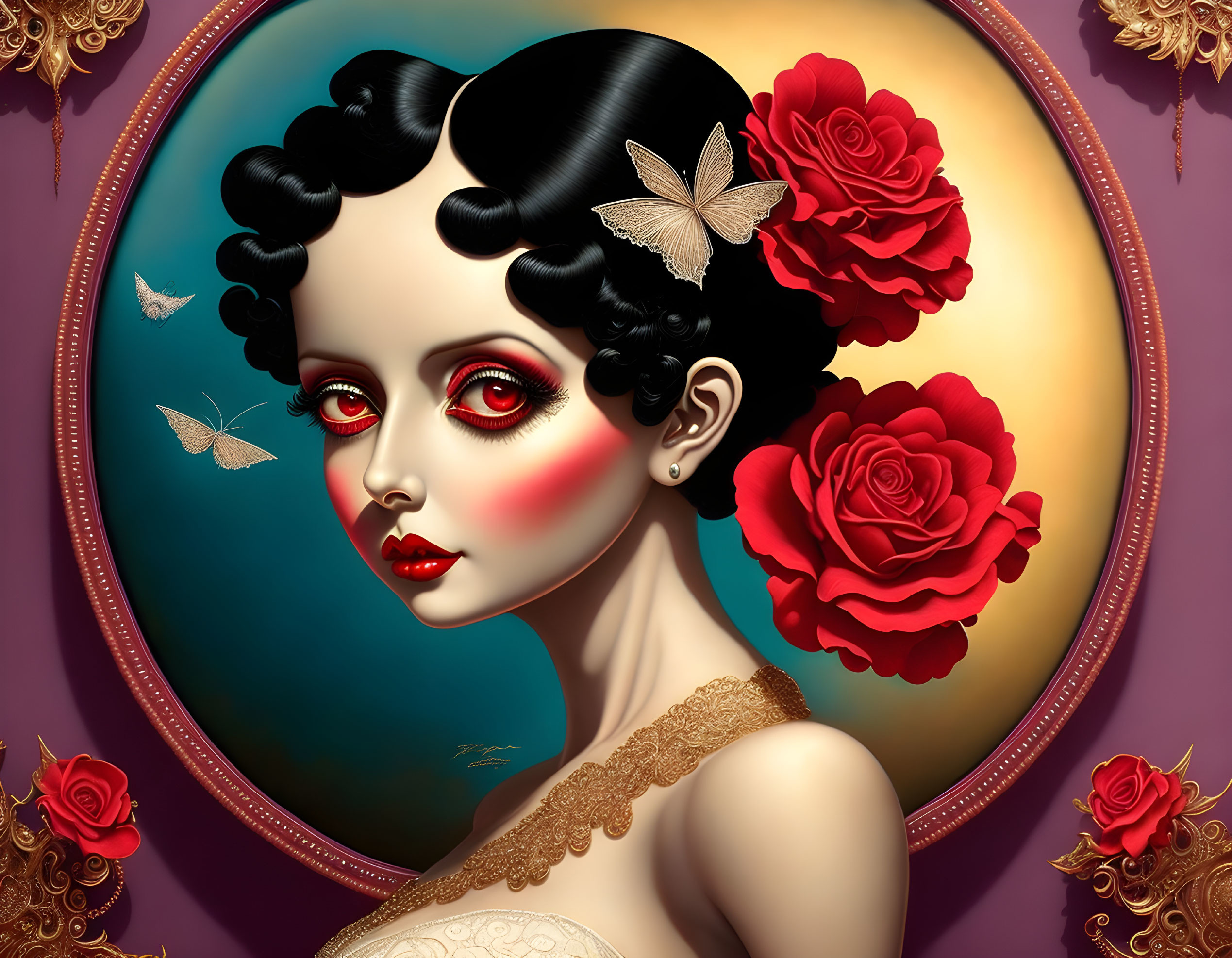 Stylized digital artwork: woman with black hair, red accents, lace, roses, golden backdrop