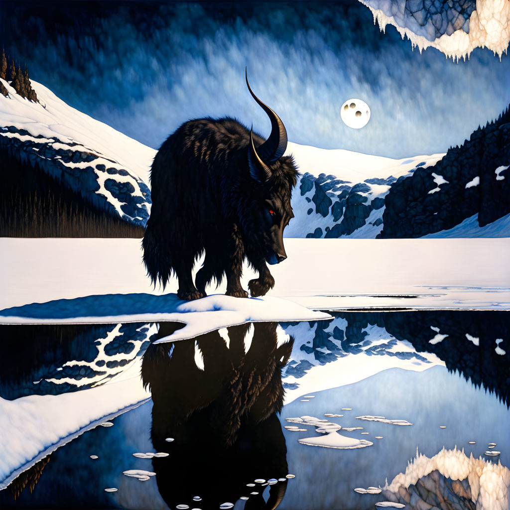 Black Yak with Horns by Icy Lake in Snowy Mountain