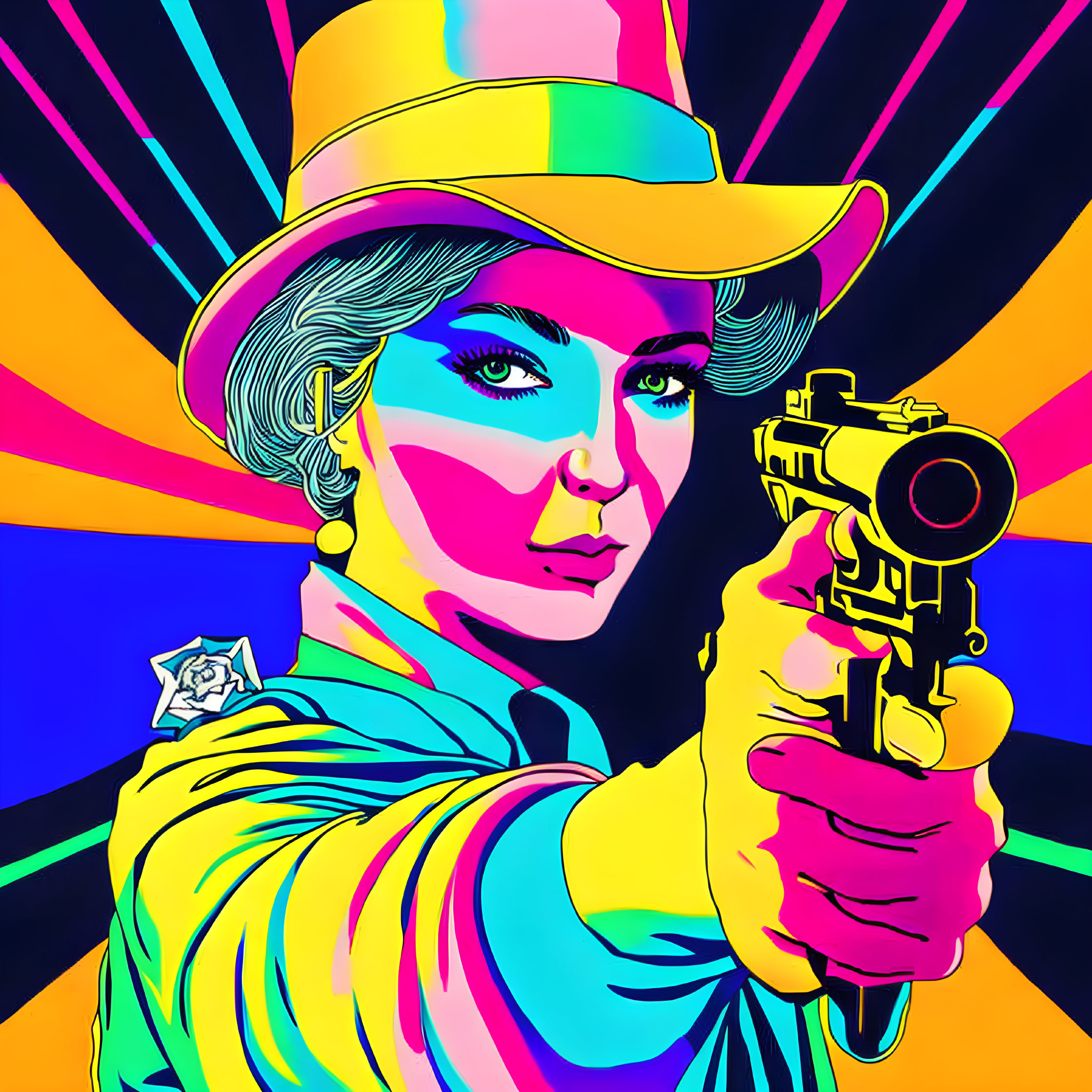 Colorful Illustration: Person in Hat Pointing Gun - Vibrant Background