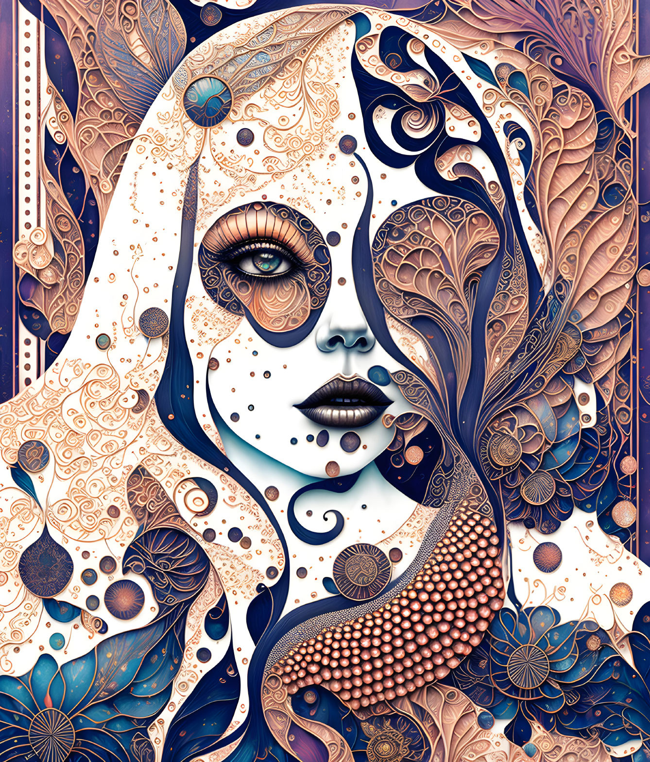 Intricate surreal illustration of woman's face with abstract patterns in blue and bronze tones