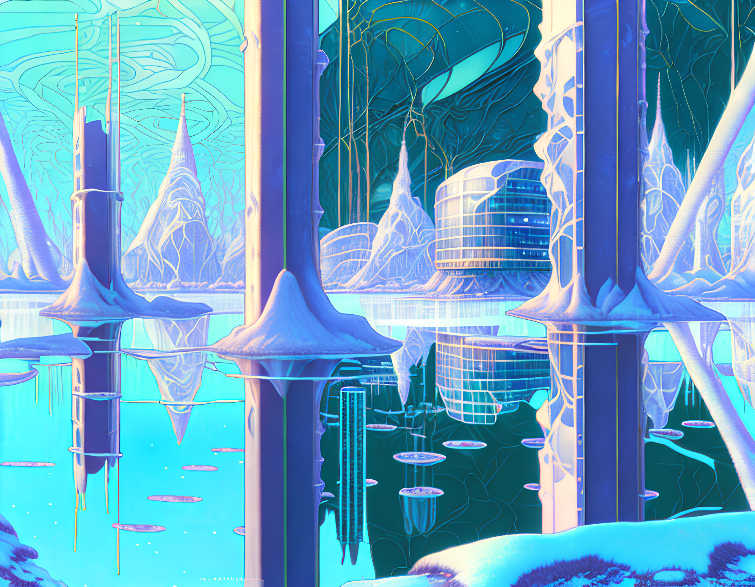 Futuristic cityscape with icy blue towers reflected in serene waters