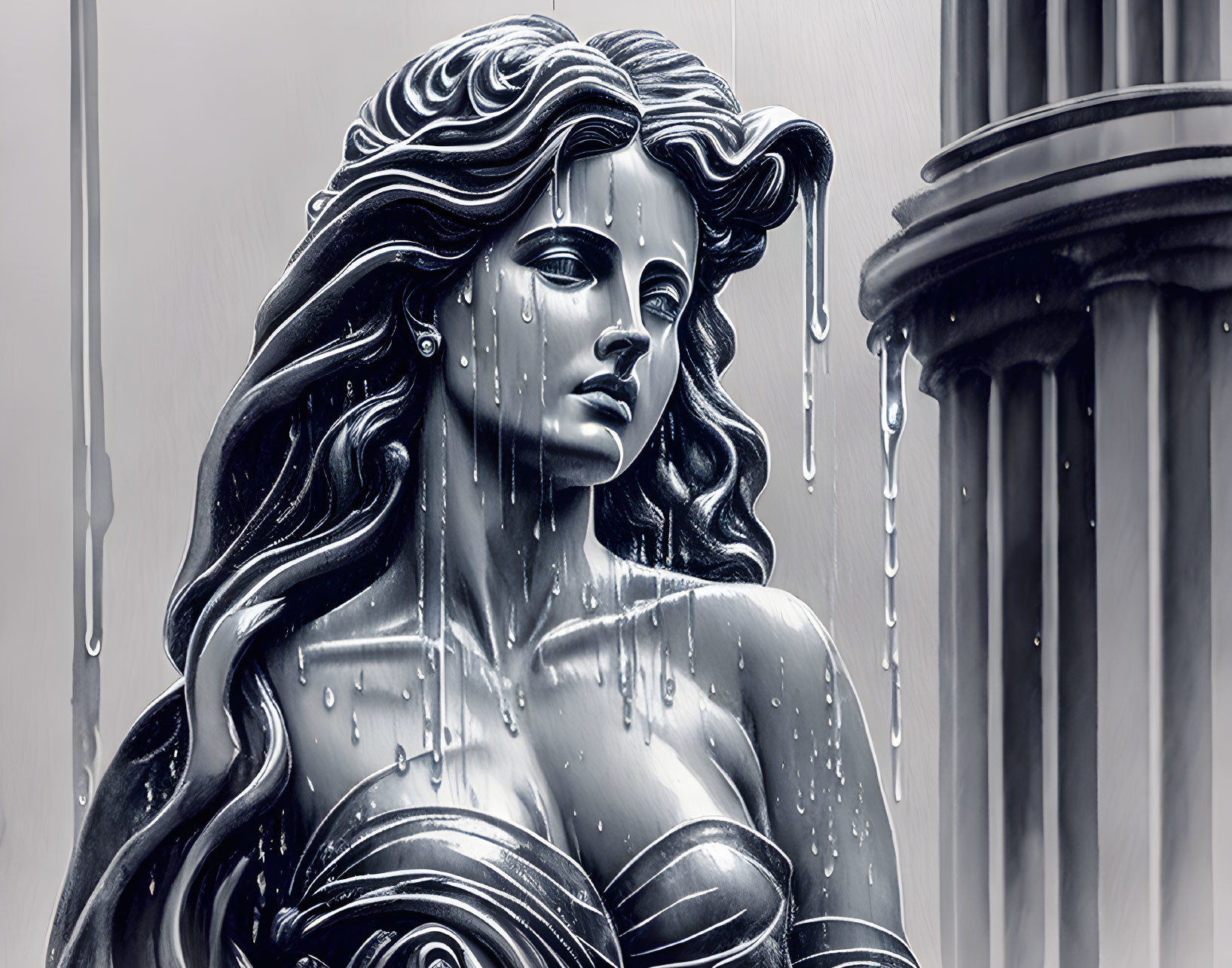 Classical sculpture of woman with flowing hair and robes, monochrome with water droplets and column details