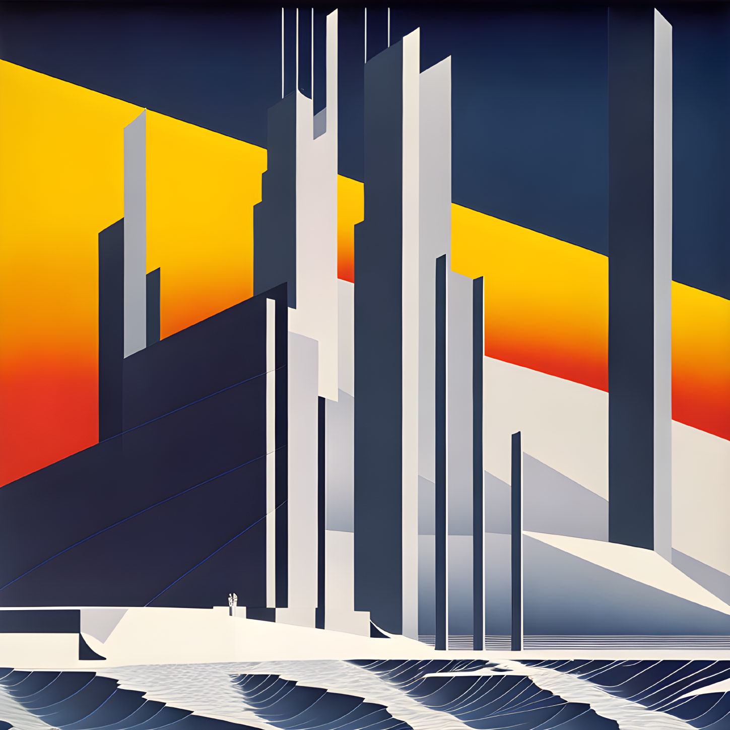 Cityscape Art Deco Illustration: Skyscrapers, Sunset Hues, Stylized