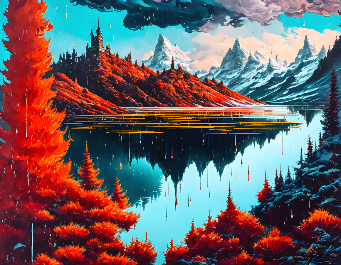 Digital Artwork: Serene Lake, Castle, Autumn Trees, Snow-Capped Mountains