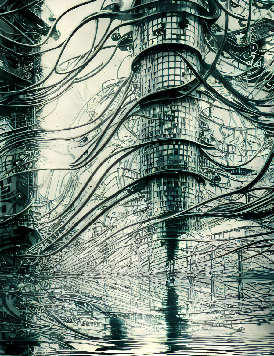 Futuristic cylindrical building with intricate network of cables reflected on water surface