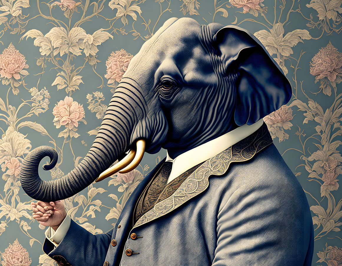 Elephant in stylish suit against floral wallpaper