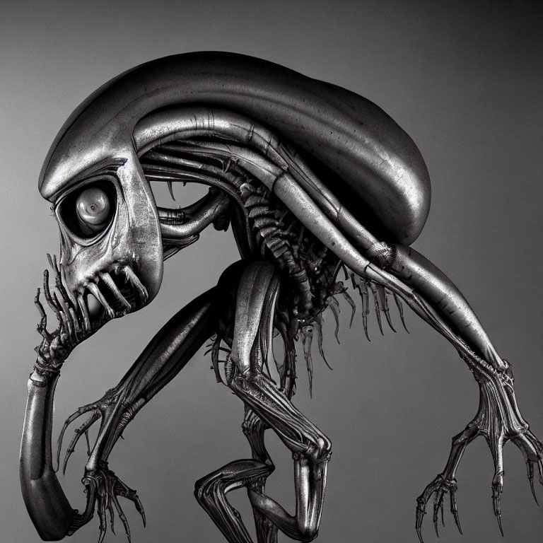 Detailed Close-Up of Metallic Alien Creature with Elongated Head