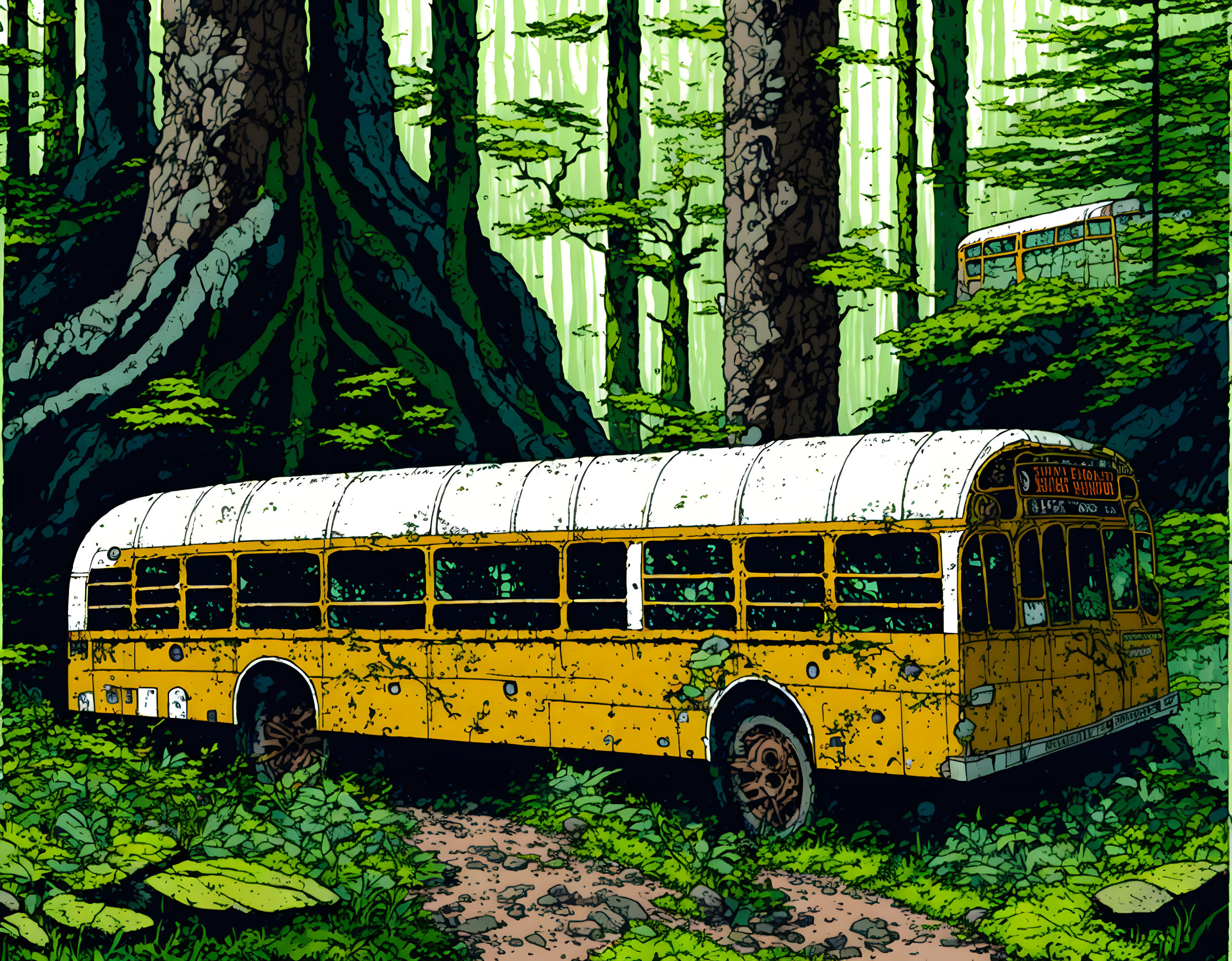 Decaying yellow school bus in dense forest with tall trees & sunlight.