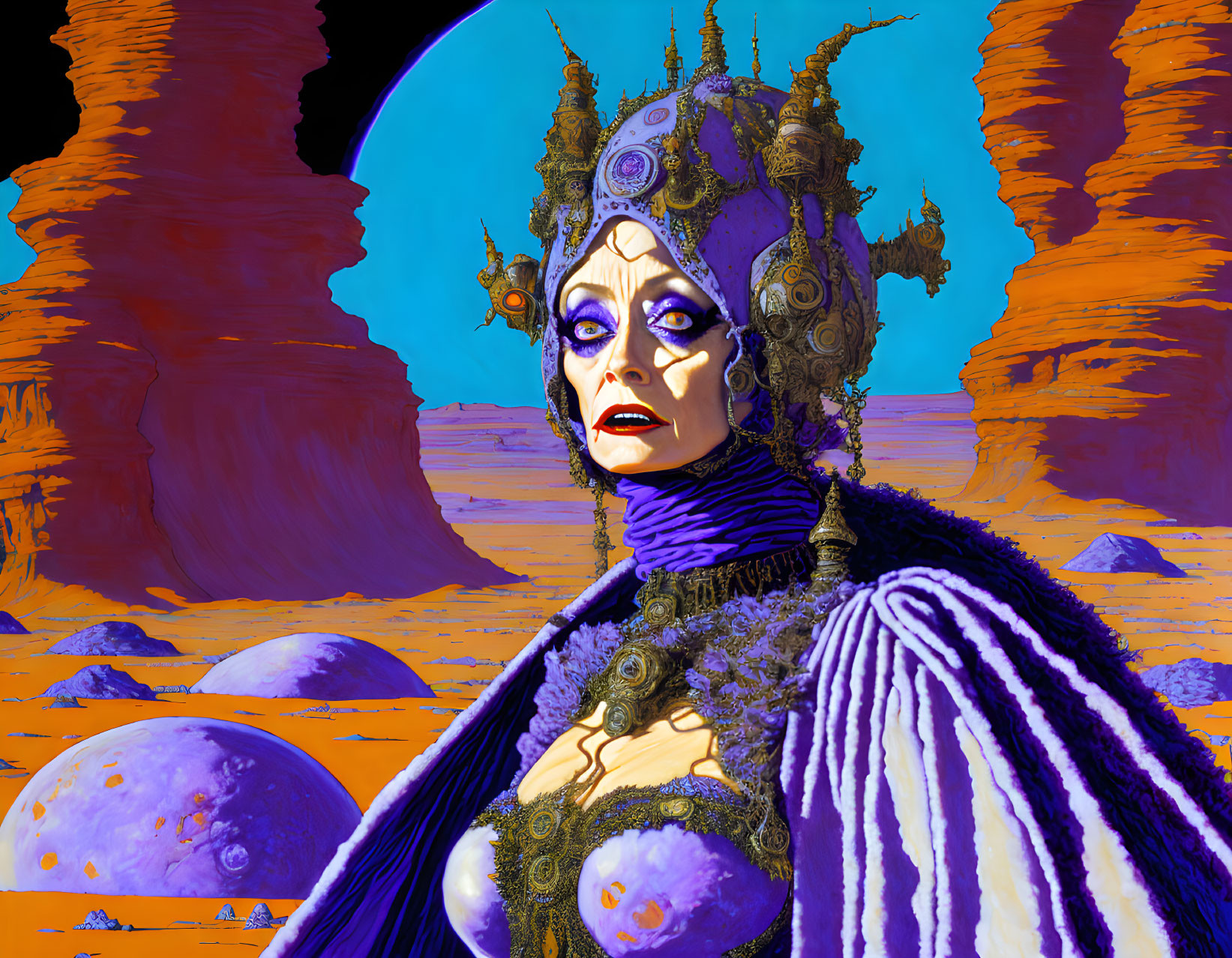 Purple-skinned figure with ornate headgear in surreal alien landscape