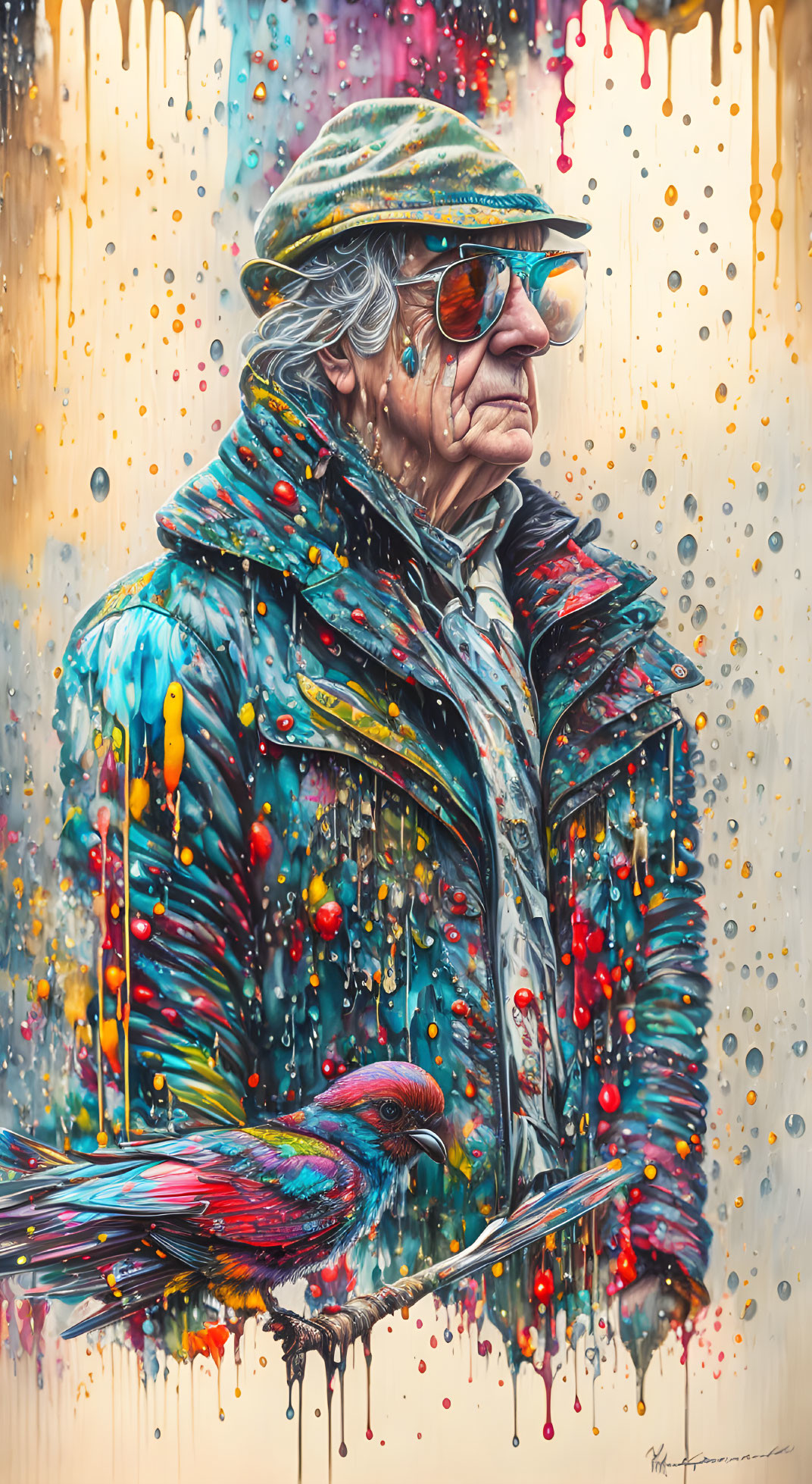 Elderly person in paint-splattered coat with bird on arm against colorful background