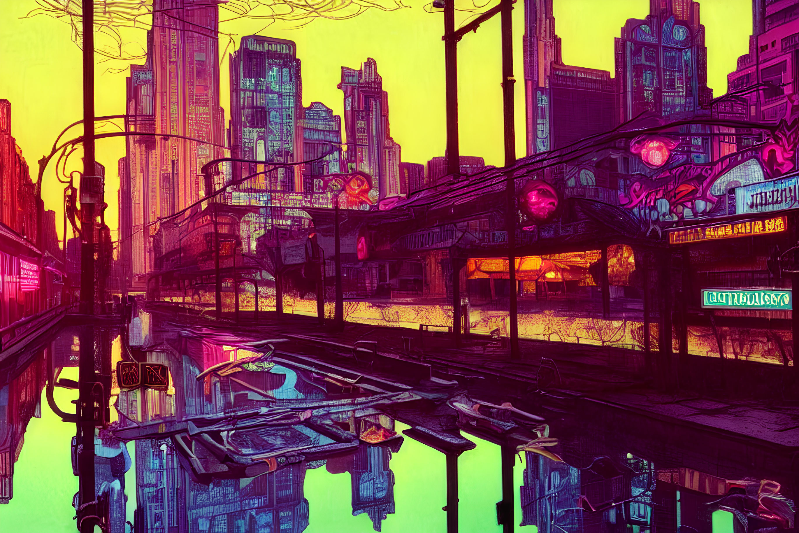 Futuristic cityscape with purple and pink hues and towering buildings