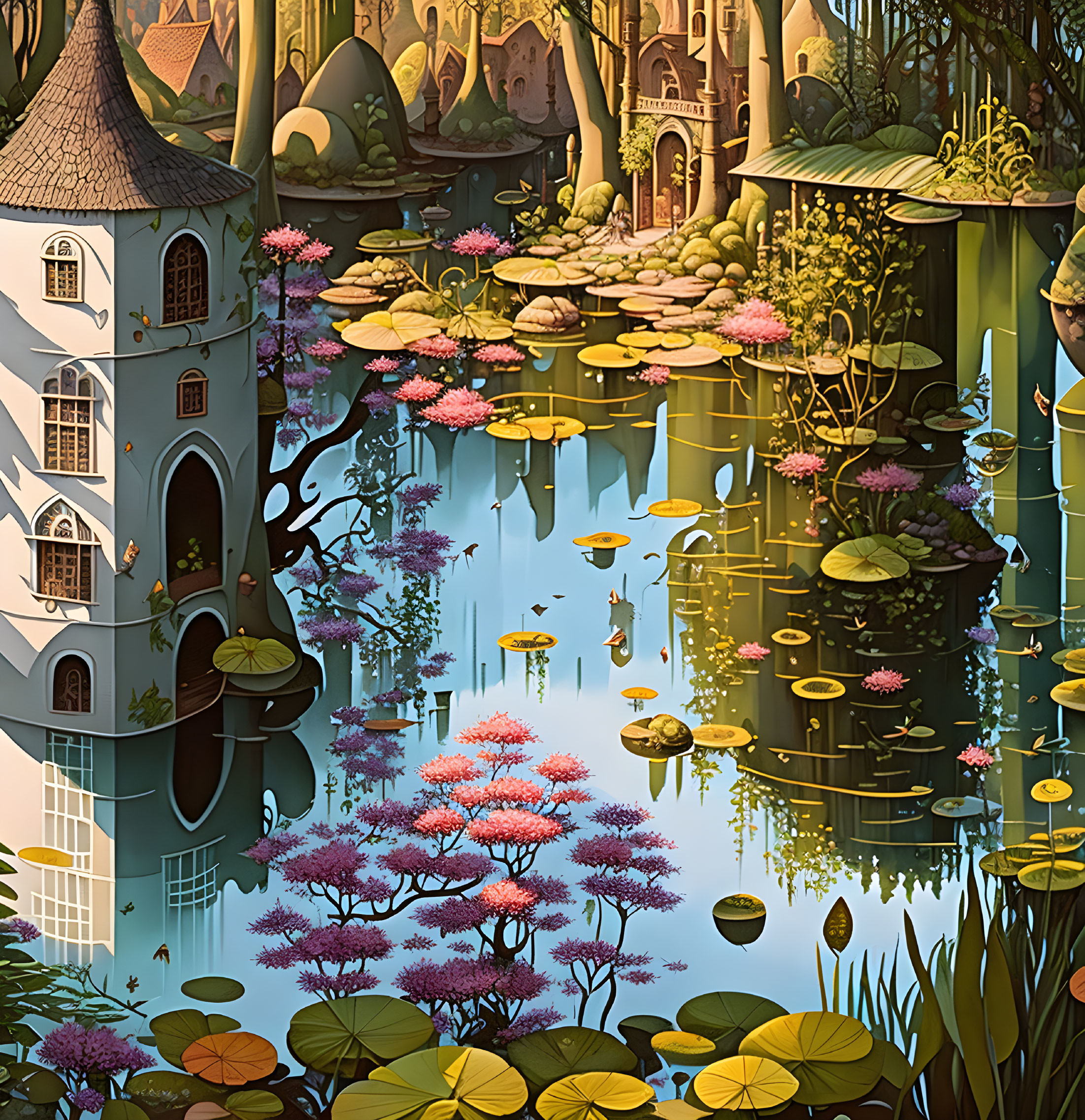 Enchanting fairy tale scene with castle, lake, and vibrant flora