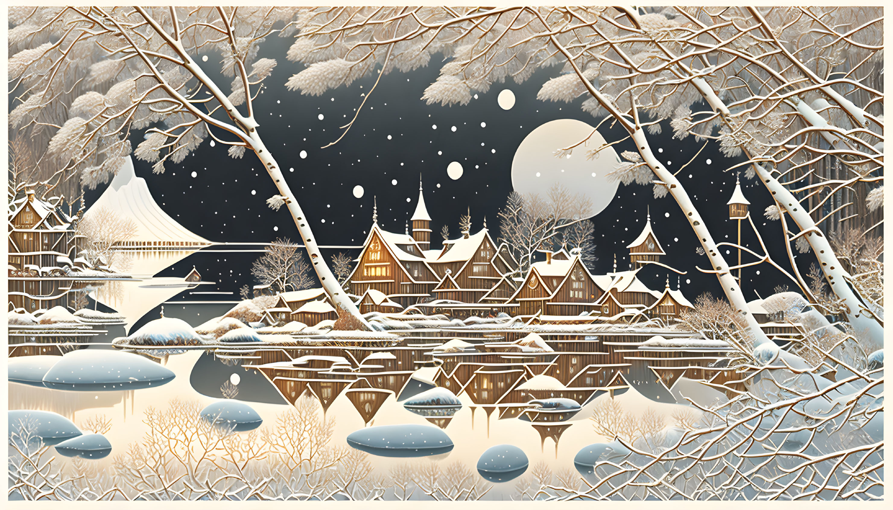 Snow-covered houses, frozen lake, full moon: Tranquil winter night scene