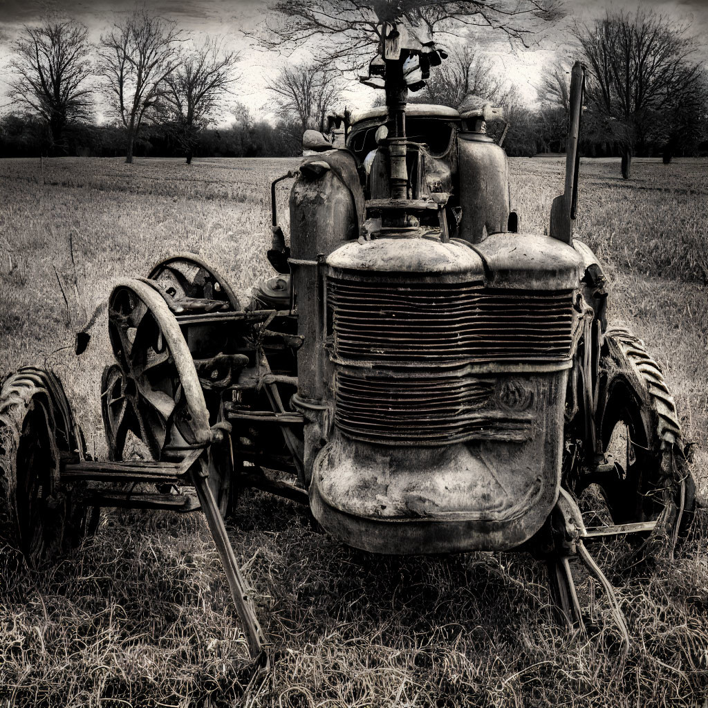 Weathered, abandoned tractor in barren field with rusty metal body.