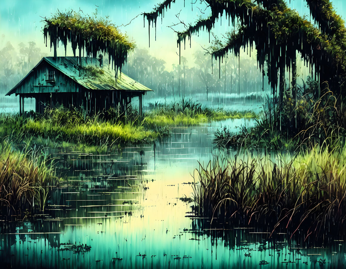 Digital painting: Isolated house by serene lake with overhanging trees in misty landscape