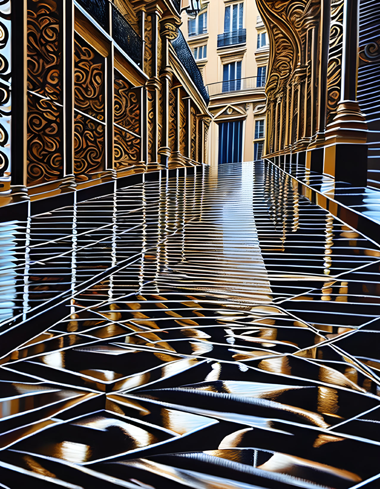 Luxurious Corridor with Checkered Flooring, Golden Wall Patterns, and Classical Architecture View