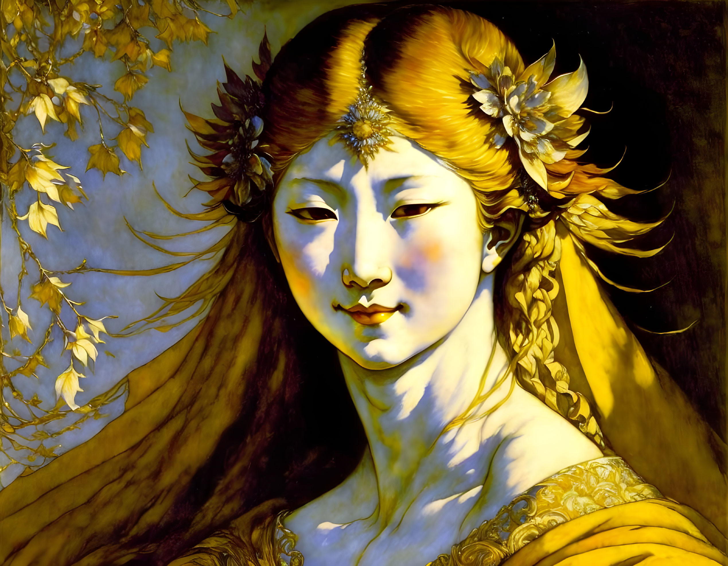 Serene woman with golden flowers in hair, surrounded by yellow leaves under warm light