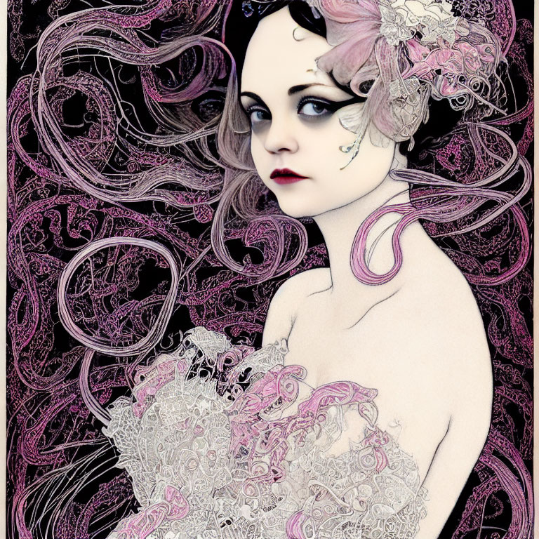 Pale woman with dark lips in vintage gothic style surrounded by pink and white swirls and floral patterns