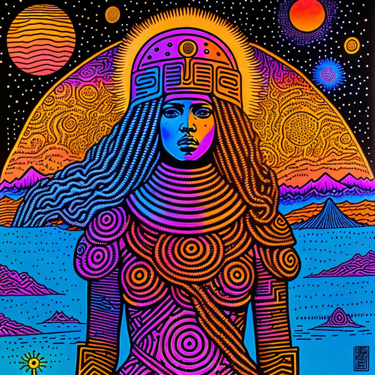 Colorful Psychedelic Art: Stylized Woman in Cosmic Landscape