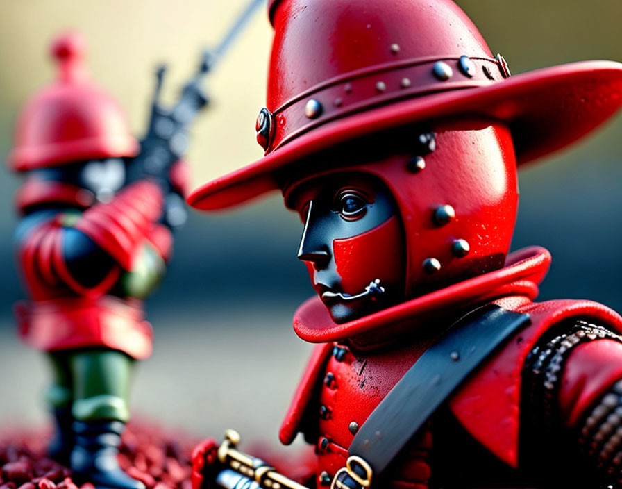 Detailed red toy soldiers with rifles in vibrant close-up.