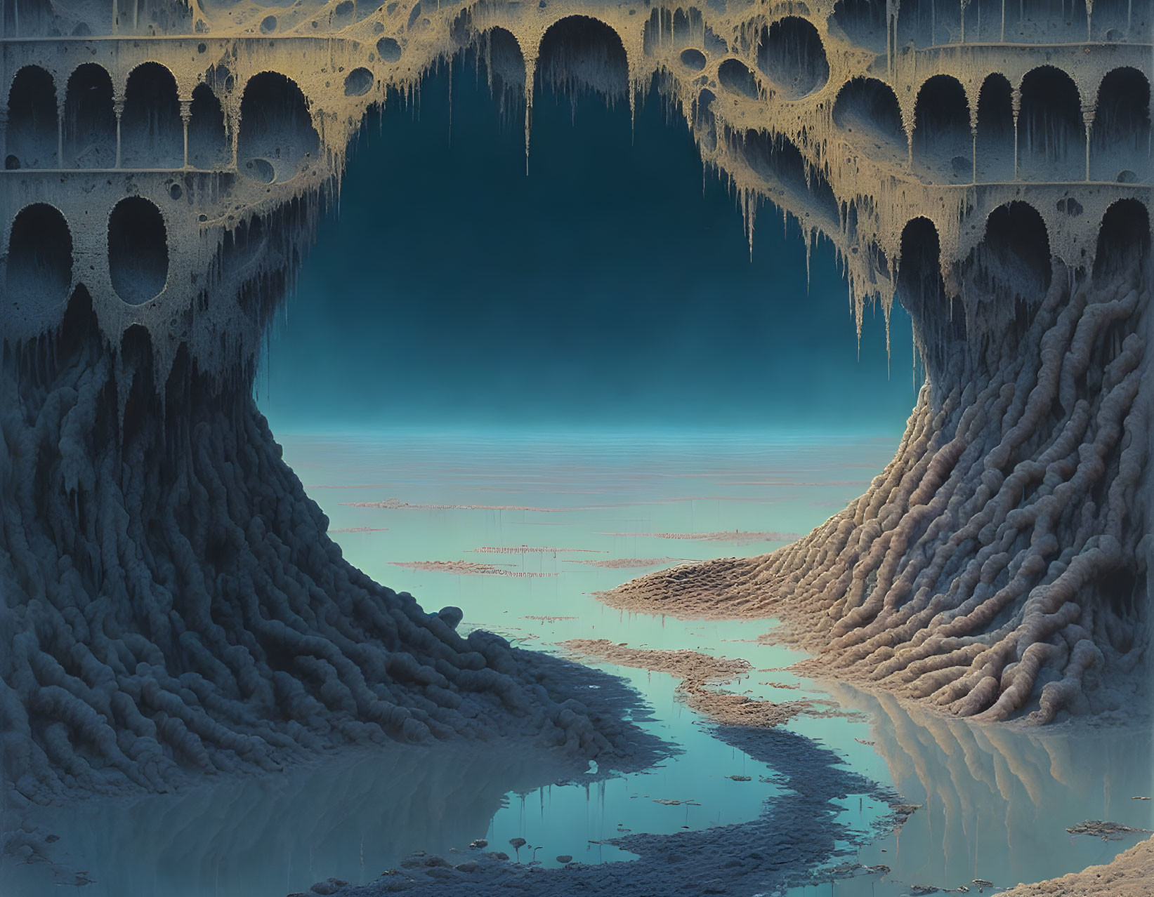 Surreal icy caverns with stalactites, blue lake, and textured mounds