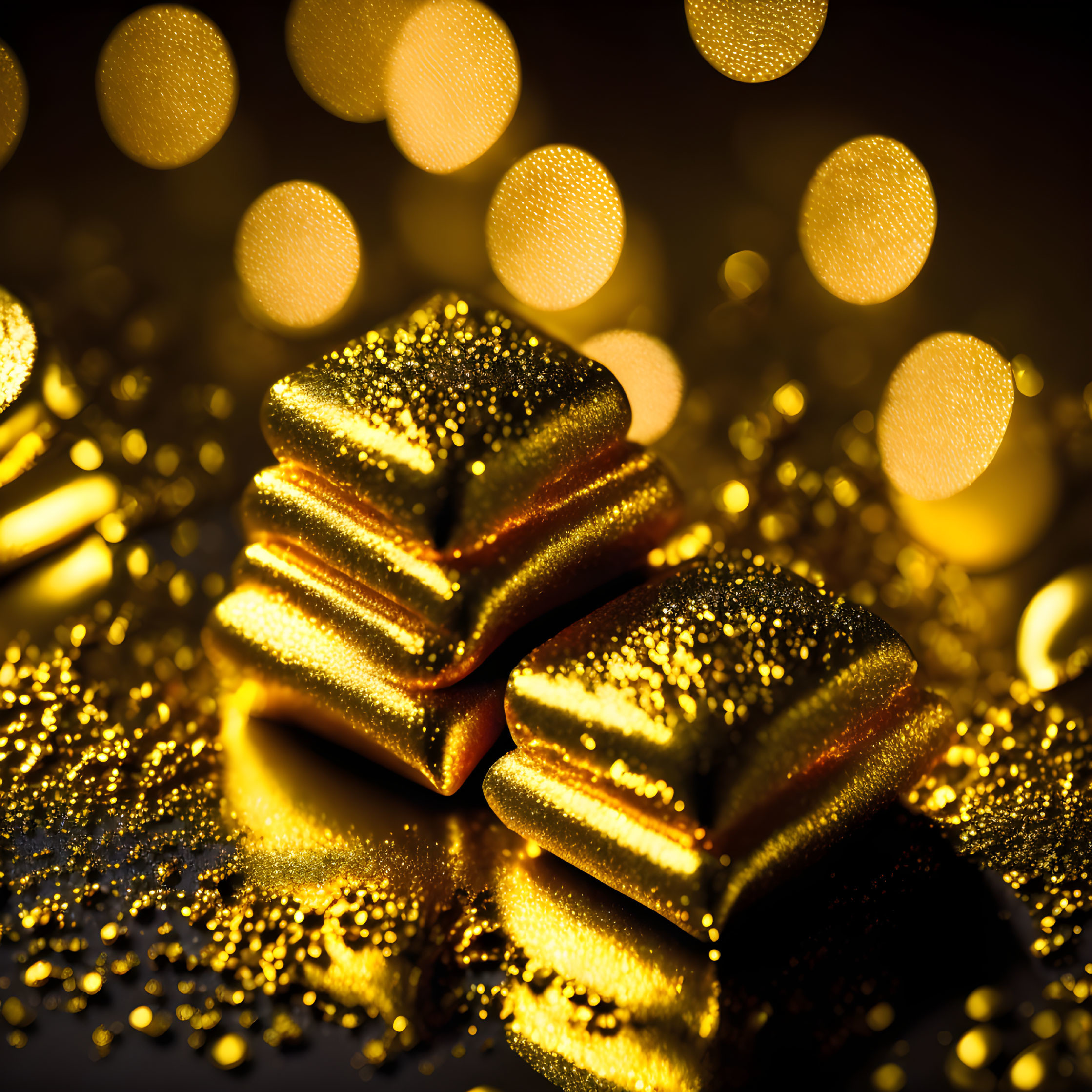 Shining gold bars with twinkling lights and glitter display