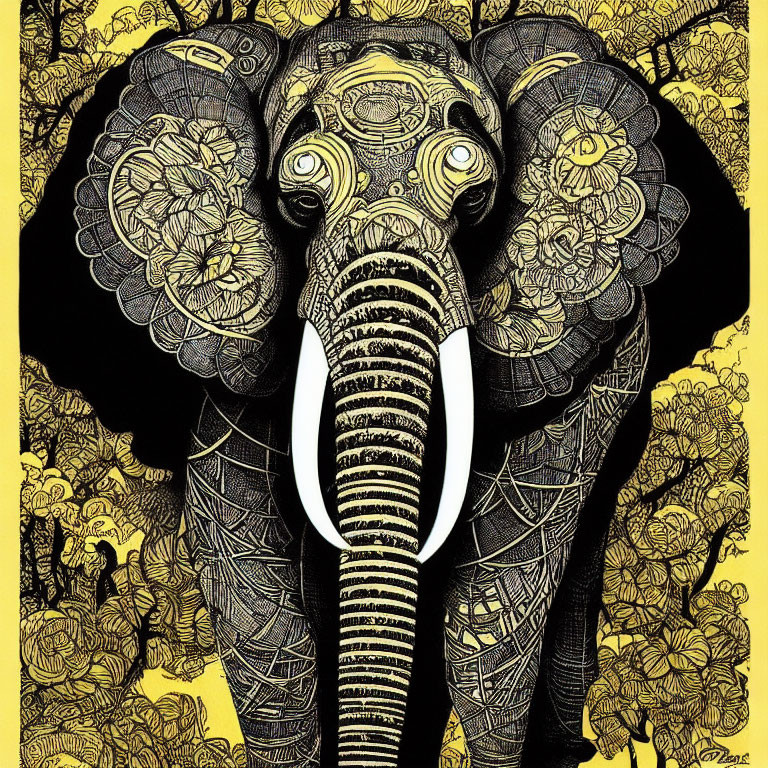 Detailed black and white elephant illustration on yellow background with floral motifs