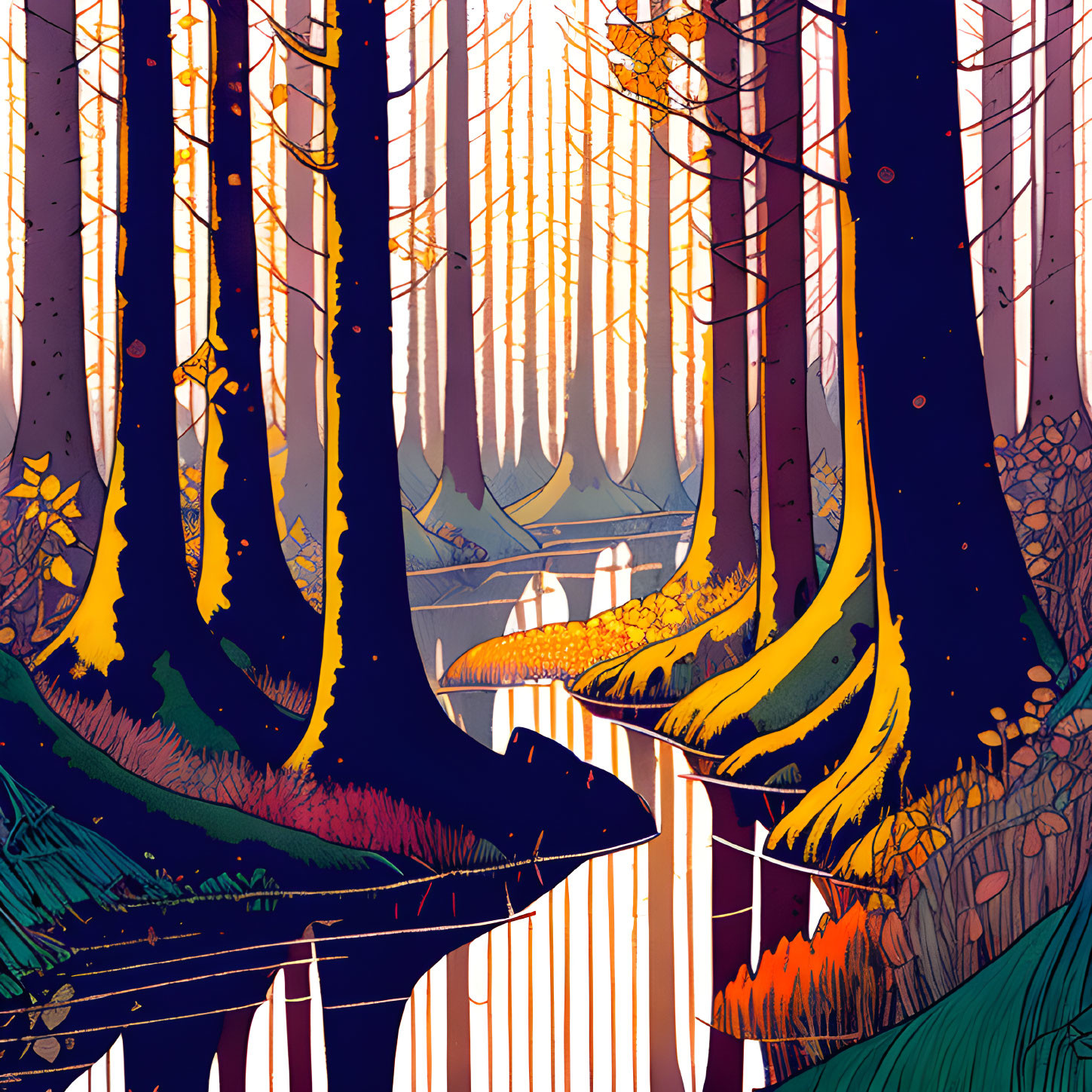 Illustrated autumn forest with tall trees, winding path, and golden light.